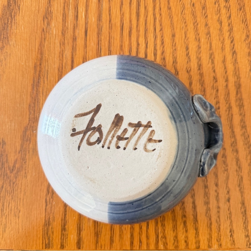 Follette Blue & Gray Glazed Pottery Bowl With Handle Artist Signed 5" Round - Picture 3 of 9